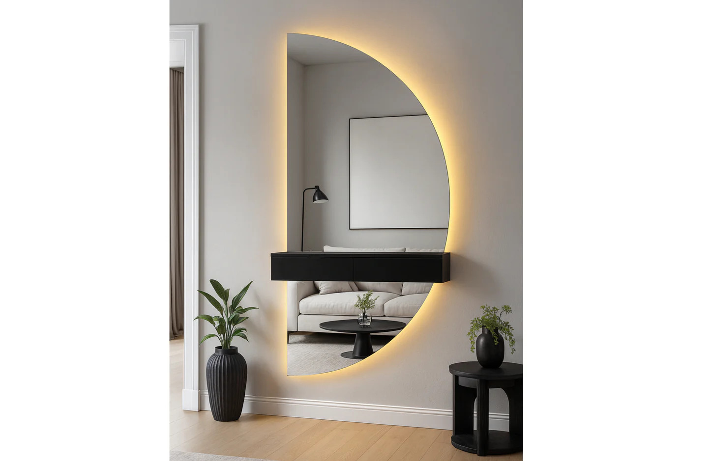 Half Moon LED Mirror with Shelf - Black