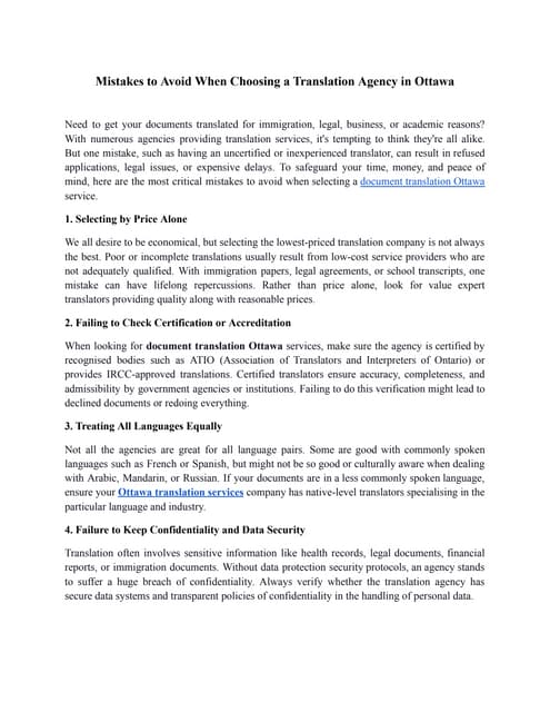 Mistakes to Avoid When Choosing a Translation Agency in Ottawa. | PDF