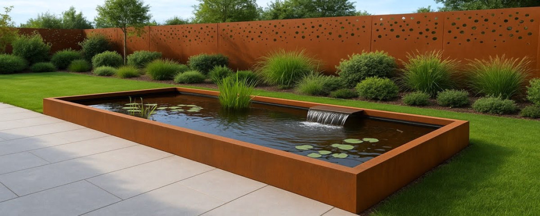 Oczko wodne corten z wodospadem – naturalna elegancja w nowoczesnym ogrodzie - Segi Social